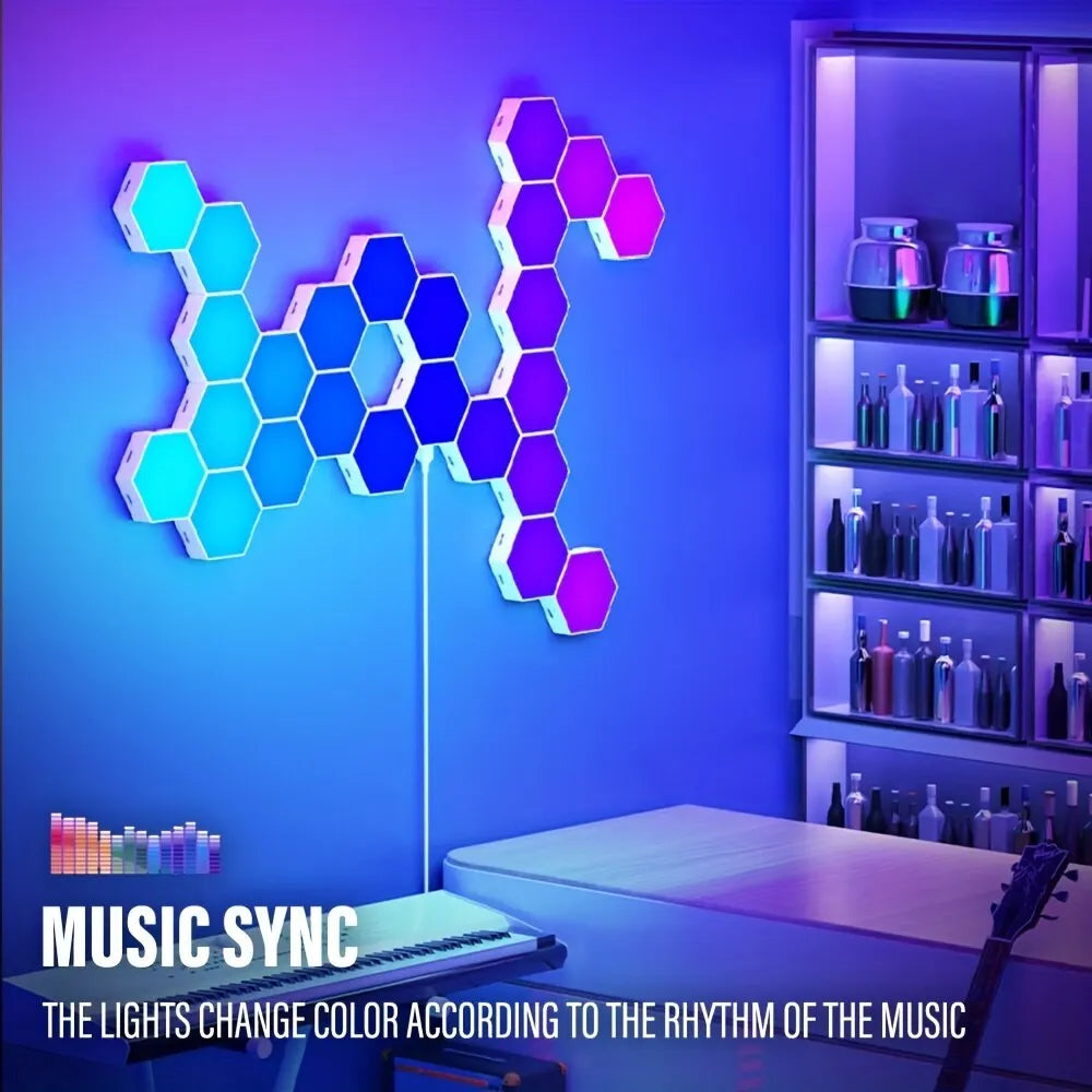 RGB Hexagonal Smart Wall Lamp – Color Changing DIY Modular Night Light with Music Sync & App Control for Bedroom & Game Room