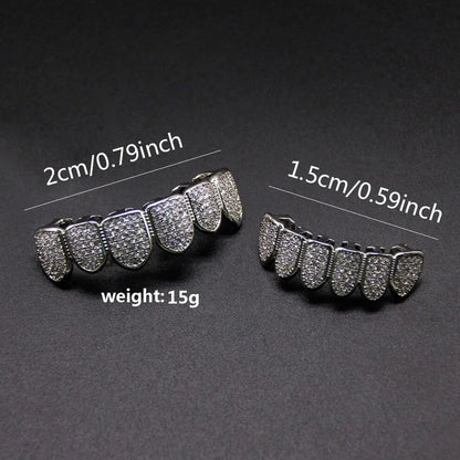 HipHop CZ Teeth Set – Unisex Gold & Silver Top/Bottom Mouth Caps, Removable Dental Fashion Jewelry