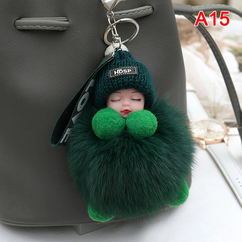 Cute Pompom Sleeping Baby Keychain - Fluffy Plush Doll Bag Charm, Key Ring & Gift for Women and Girls
