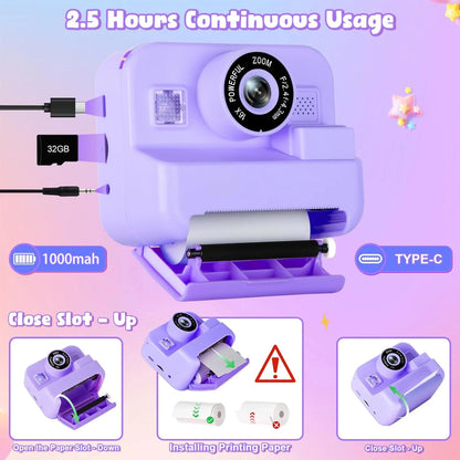 Children's Mini Digital Camera – Thermal Printing, Image Stabilization & 32GB Card Included