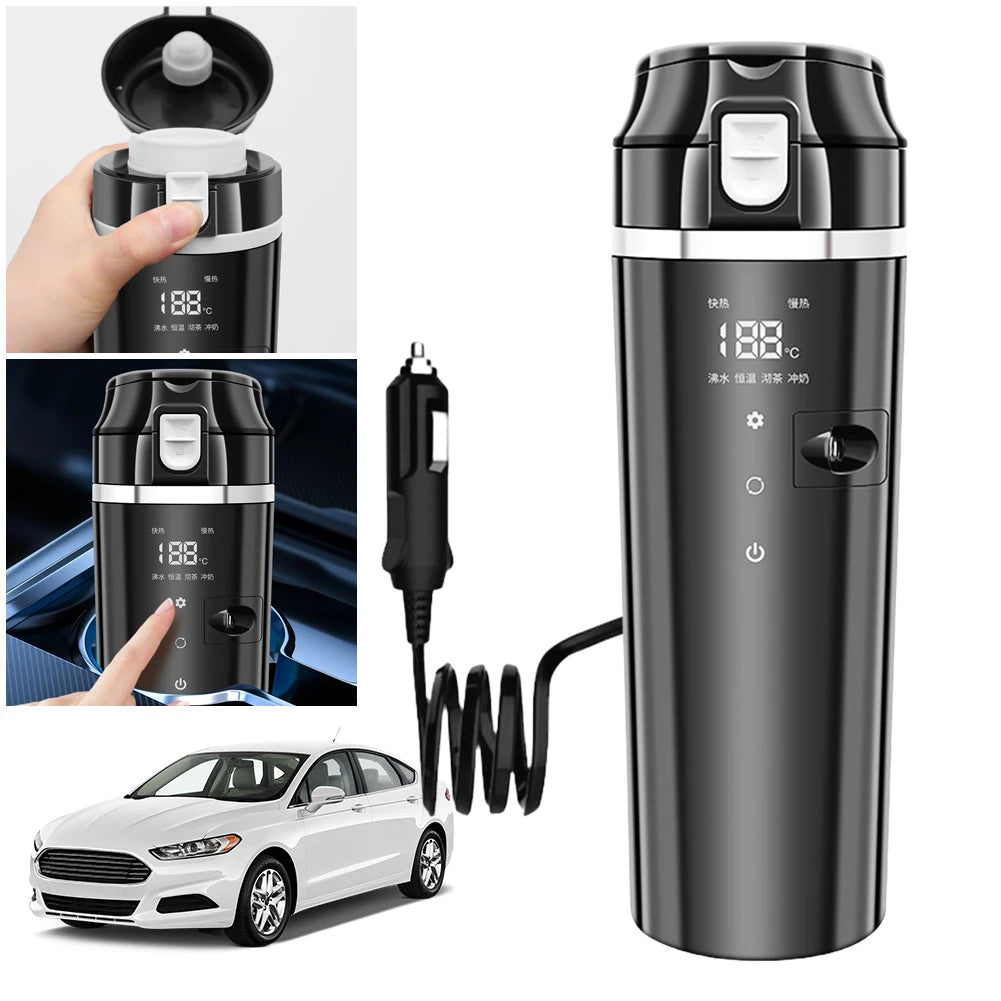 12V/24V Smart Car Heating Cup - Electric Kettle with Temperature Control, Stainless Steel 500ML Heated Smart Mug for Water Warming