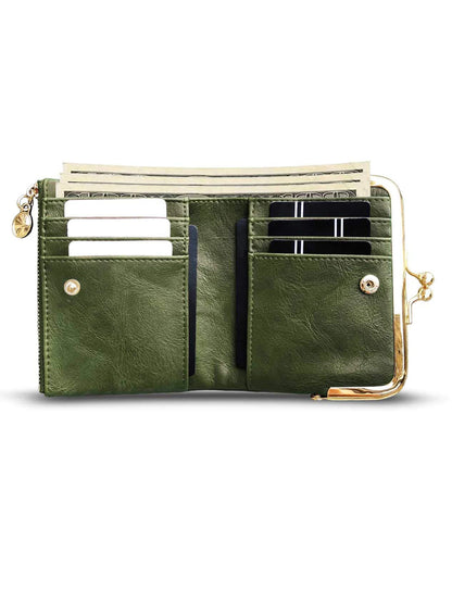 MIYIN Women’s Small Wallet – RFID Compact Bifold Leather Coin Purse with Zipper & Kiss Lock, Vintage Design