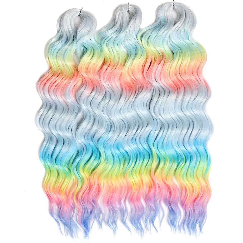 FASHION IDOL 24" Deep Wave Crochet Hair - 3-Piece Synthetic Water Wave Braiding Extensions, Ombre Rainbow Twist Hair