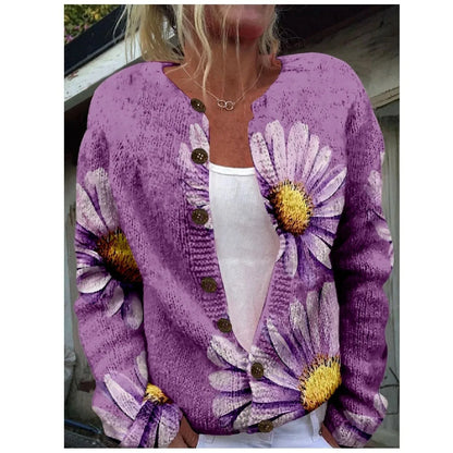 Women’s 3D Print Knitted Cardigan – Thin Vintage Sweater Autumn Winter Chic Knit Top Casual Streetwear