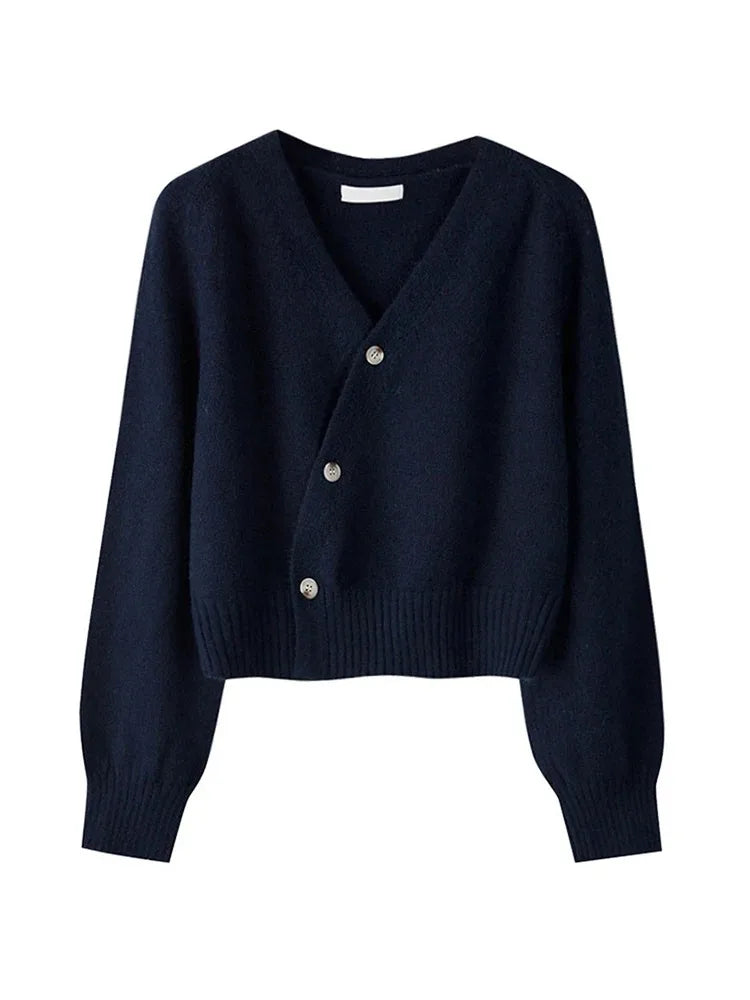 Korean Women's Autumn Winter Knitted Cardigan – Diagonal V-Neck Long Sleeve Single-Breasted Sweater