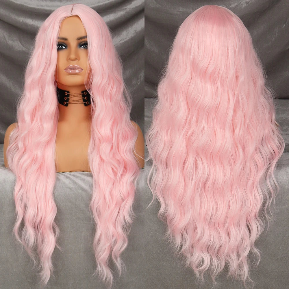 Long Wavy Green Synthetic Wig – Heat-Resistant Women's Cosplay, Party, Lolita Style, Half Part, Red/Black/Pink