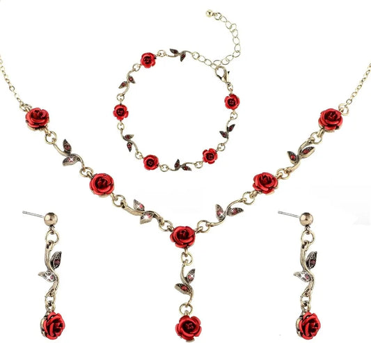 3-Piece Red Rose Jewelry Set - Flower Necklace, Bracelet & Dangle Earrings for Weddings, Valentine's Day & Birthdays