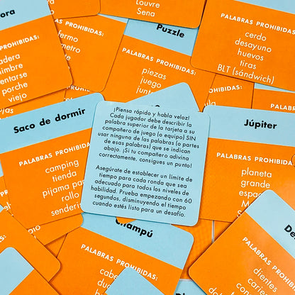 Spanish “Name That Word!” Mini Card Game – 50PCS Family & Camping Party Word Guessing Deck