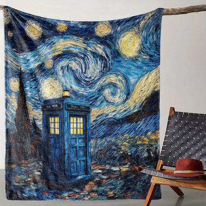 Starry Night TARDIS Fleece Blanket – Soft Cozy Doctor Who Throw for Bed, Sofa, Car, and Office
