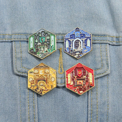 4-Piece Magic Academy Enamel Brooch Set - Movie-Inspired Lapel Pins for Backpacks, Coats, Cosplay & Party Gifts