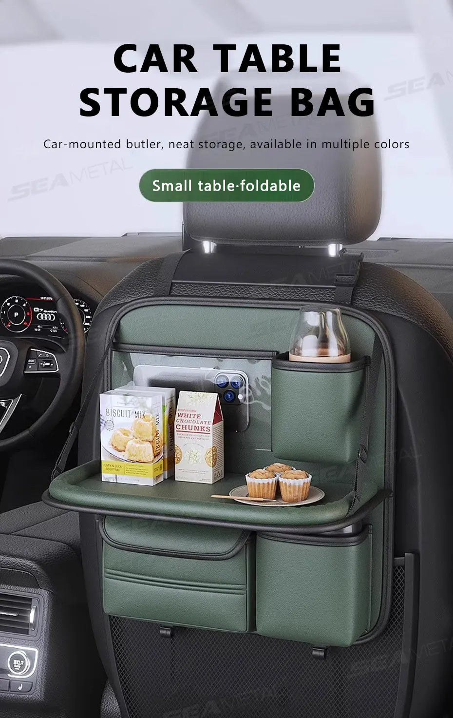 SEAMETAL 8 in 1 Car Seat Back Storage Bag – Foldable Tray, Waterproof & Wear-Resistant Organizer with Tissue & Cup Holder