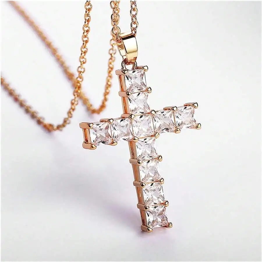 Fashion Gold Necklace for Women – Multi-Color Crystal Jesus Cross Pendant, Party & Leisure Jewelry