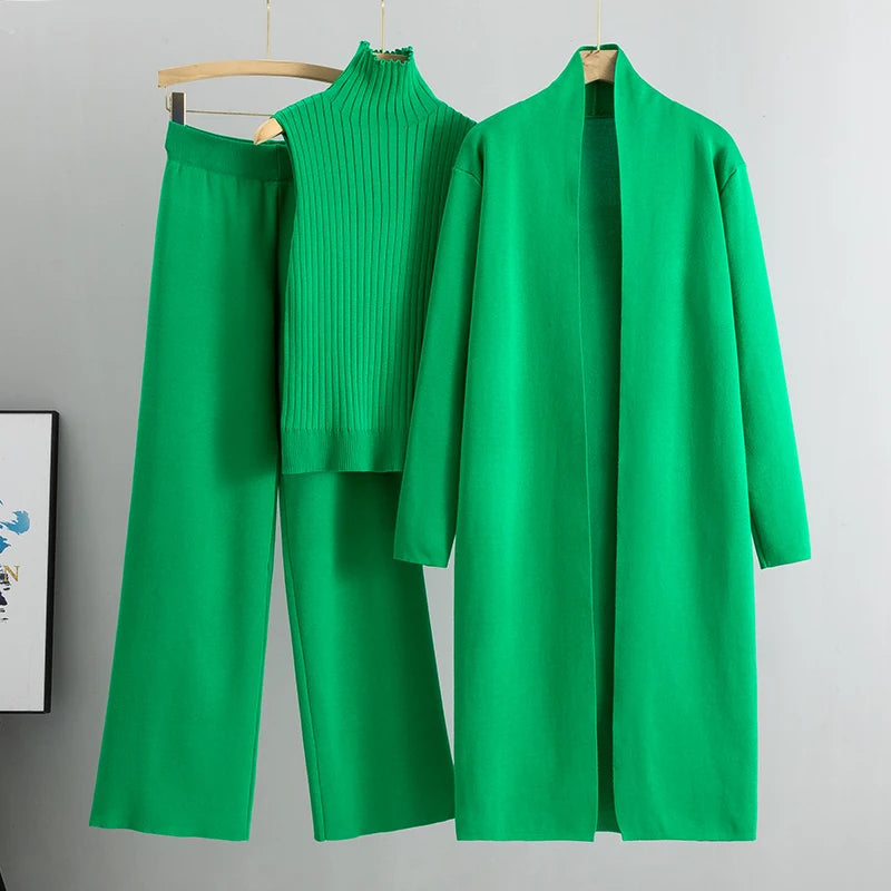 2025 Women’s 3-Piece Knitted Set – Elegant Winter & Autumn Cardigan, Sweater, and Wide-Leg Pants