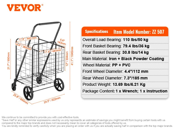SucceBuy Folding Shopping Cart with Removable Waterproof Liner — Large Capacity 106/330LBS, 360° Swivel Wheels, Metal Mesh Base