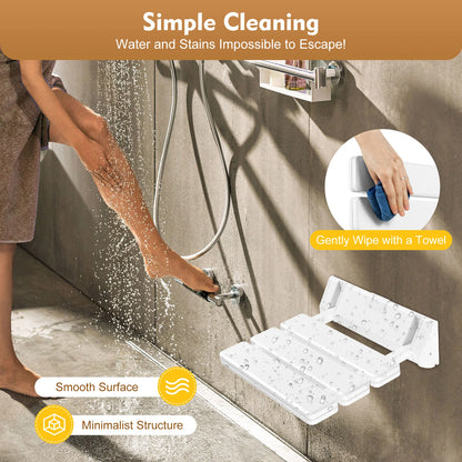 90° Folding Shower Seat – Wall-Mounted Waterproof Bench Stool, White Bathroom & Porch Seat, Supports Up to 130kg, 32×34cm