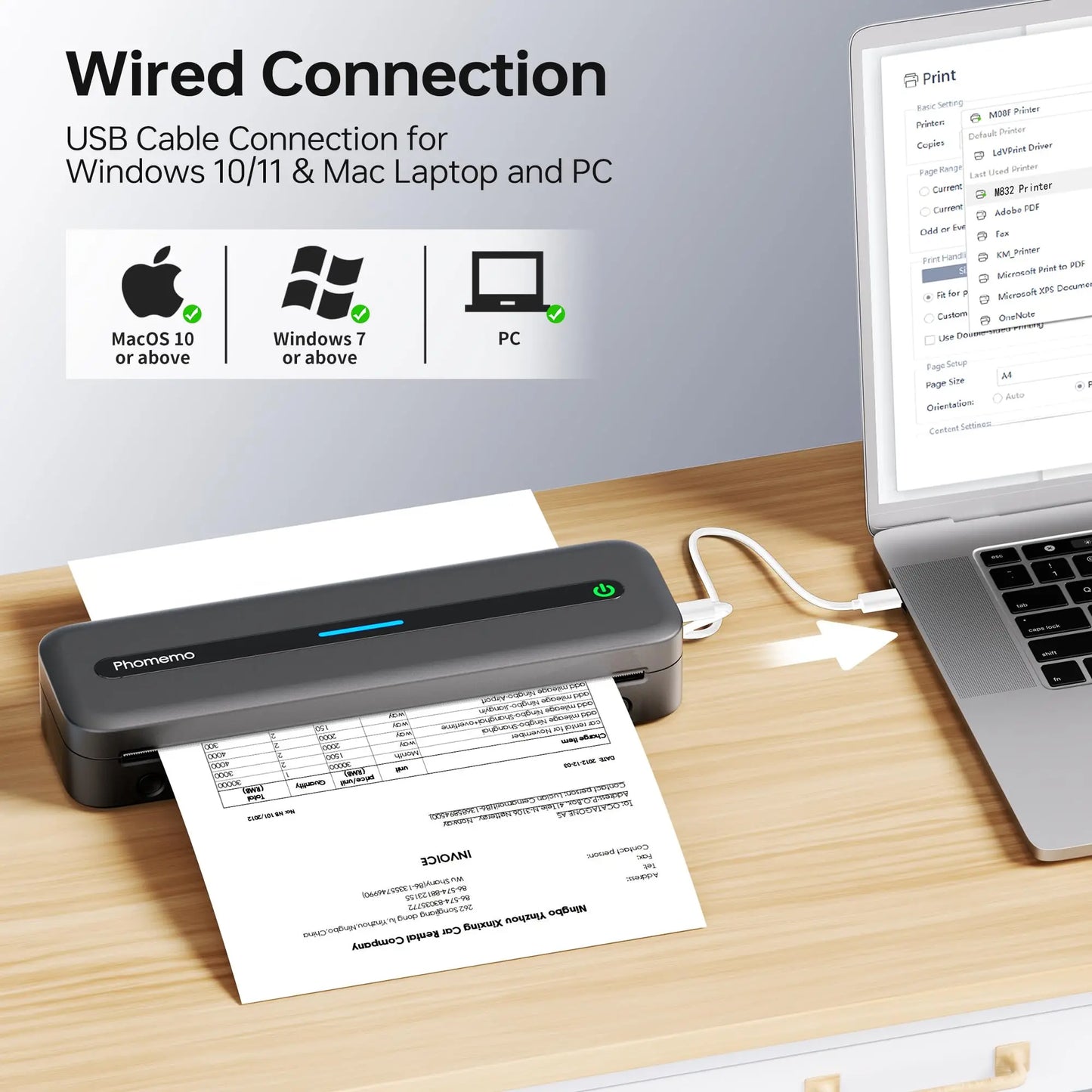 New A4 Portable Wireless Printer M832 – Inkless Thermal 300DPI Mobile Printer for Travel, Work & Home, Android & iOS Support