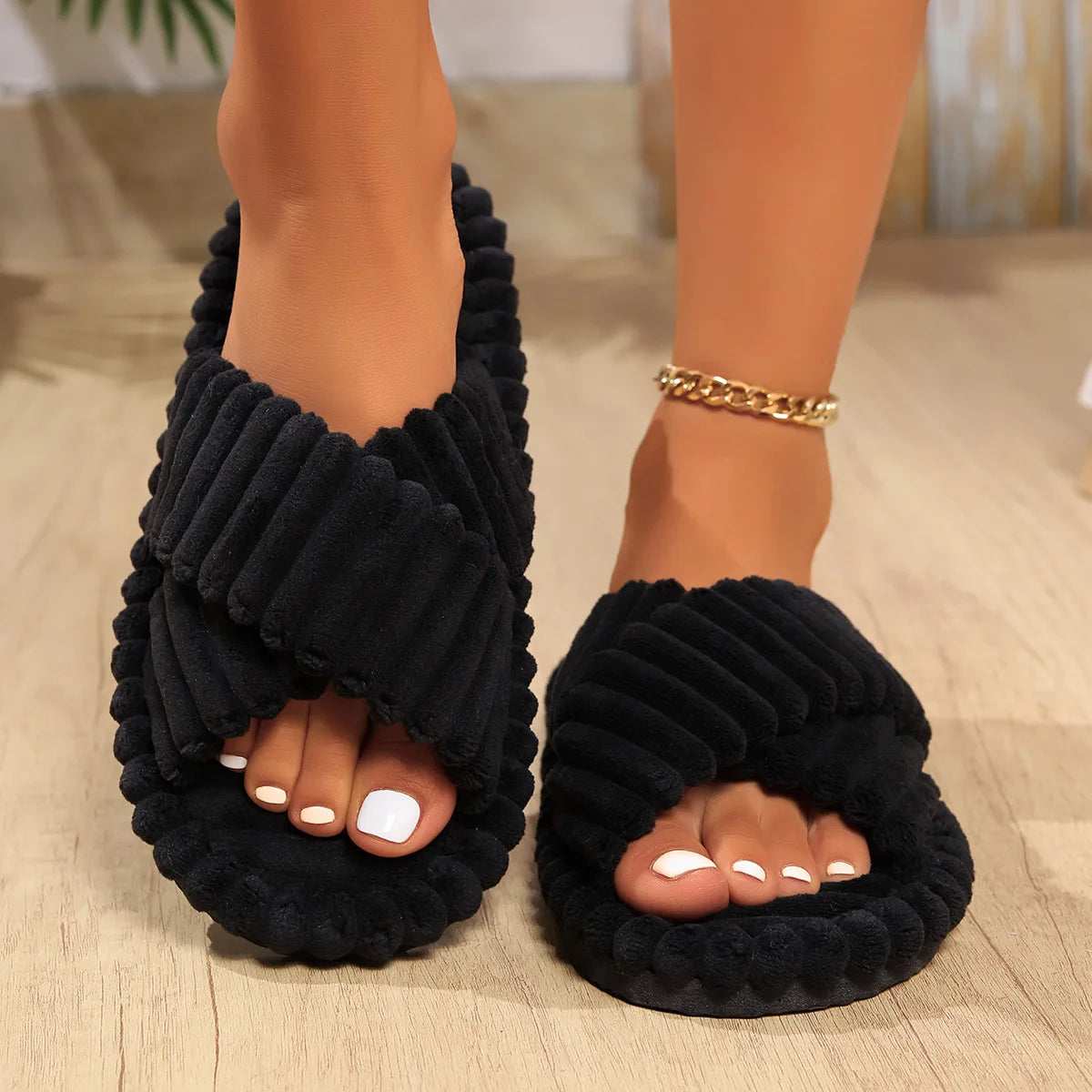 Women’s Corduroy Bow Slippers – Soft Casual Home Shoes, Silent Light EVA Anti-Slip Herringbone Slippers for Autumn & Winter
