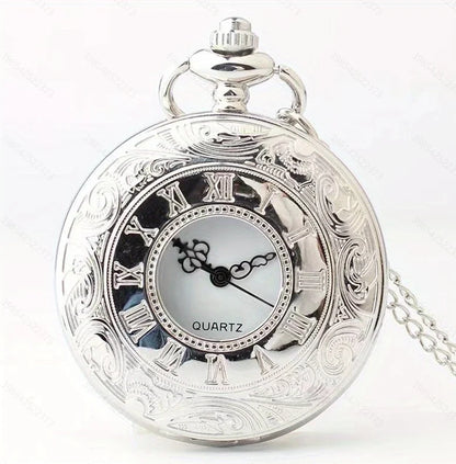 Vintage Black Roman Numeral Pocket Watch - Unisex Steampunk Quartz Necklace Pendant with Chain, Gift Style P427