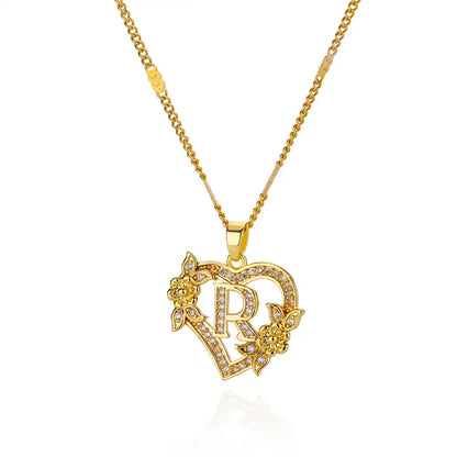 Gold Zircon Heart Initial Necklace – Stainless Steel Letter Pendant Jewelry for Women