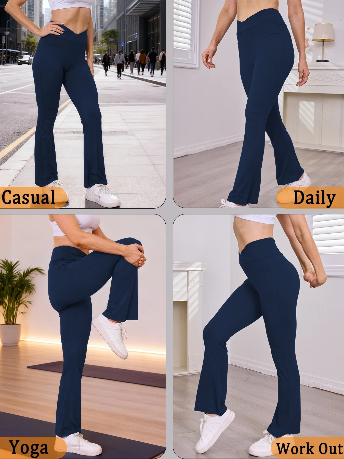 Women’s Super Soft High Waisted Flare Leggings – Crossover Waist Tummy Control Yoga Pants with Pockets Fitness Activewear