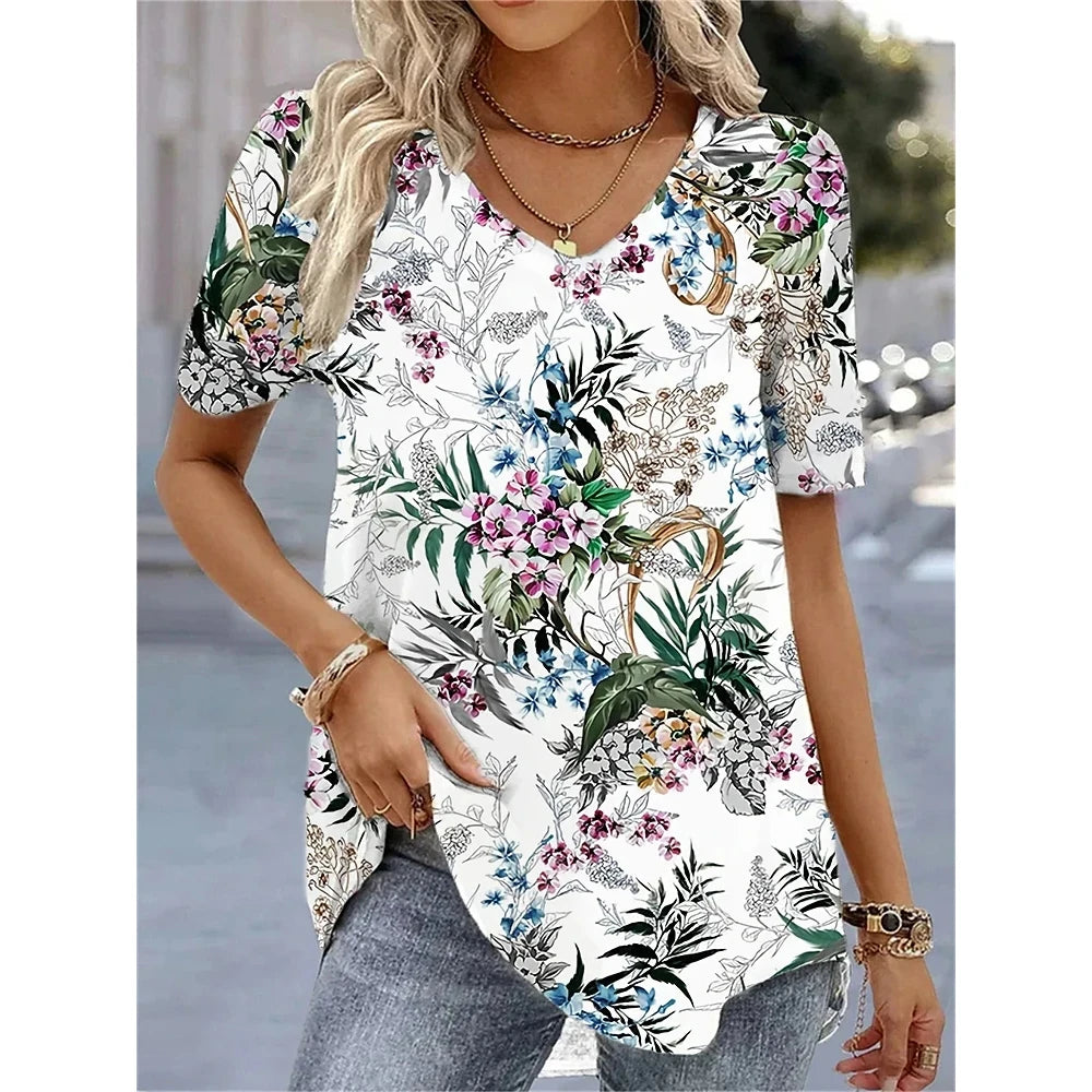 Women's 3D Flower Print V-Neck T-Shirt - Oversized Kawaii Summer Casual Blouse Top Fashion Clothing