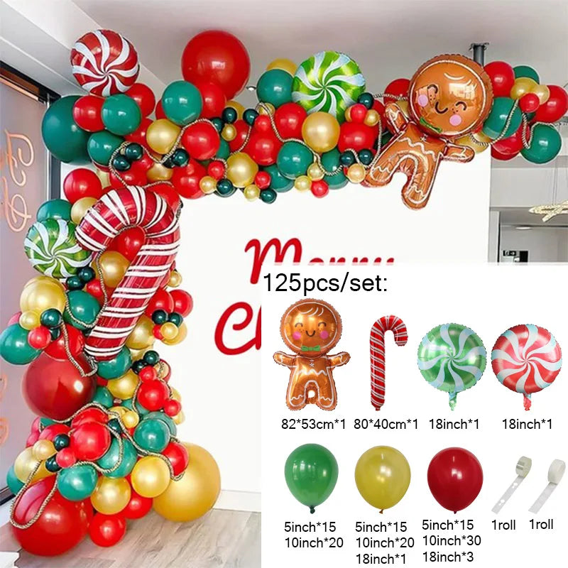 Christmas Balloon Garland Arch – Red & Green Balloons, Star, Santa, and Gift Box Foil Balloons for Xmas and New Year Decoration