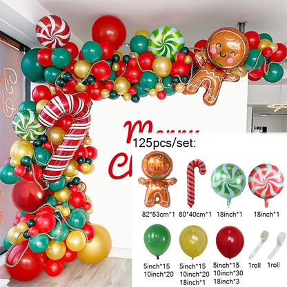 Christmas Balloon Garland Arch – Red & Green Balloons, Star, Santa, and Gift Box Foil Balloons for Xmas and New Year Decoration