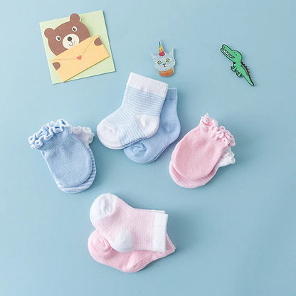4-Pair Baby Socks & Gloves Set – Solid Color, Soft Cotton, Elastic Infant Toddler Ruffle Mittens for Newborn Girls & Boys