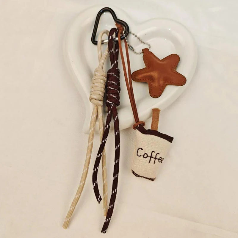 Kawaii Cartoon Linen Embroidery Coffee Bread Keychain - Cute Leather Heart Pendant Bag Charm Car Keychain Accessory