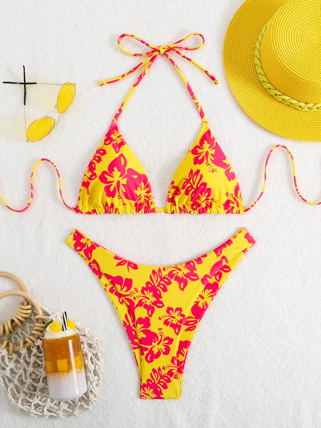 Retro Floral Print Bikini Set - Women's High Waisted Lace Up 2 Piece Summer Swimsuit Beachwear