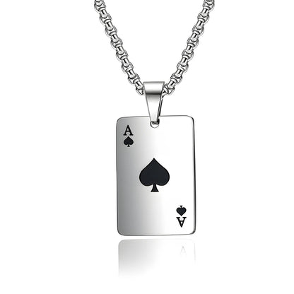Hip Hop Poker Card Necklace – Stainless Steel Ace of Spades & Hearts Pendant Chain for Men