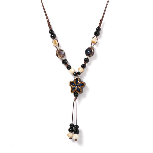 Handmade Ceramic Star Pendant Necklace - Adjustable Long Boho Blue Gem Jewelry for Women