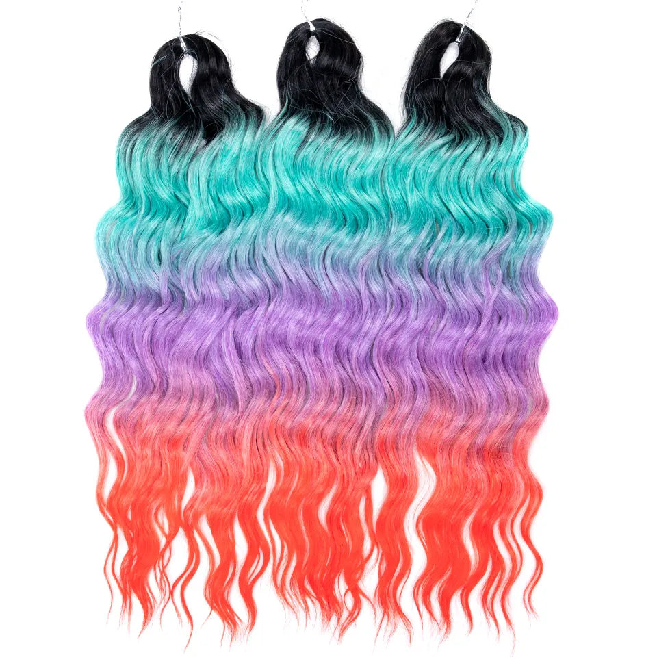FASHION IDOL 24" Deep Wave Crochet Hair - 3-Piece Synthetic Water Wave Braiding Extensions, Ombre Rainbow Twist Hair