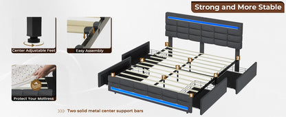 LED Full Size Bed Frame – Upholstered Platform Bed with LED Headboard & Footboard, Square Stitched Tufted Design