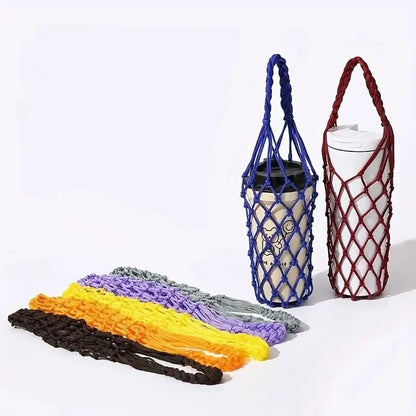 Portable Crochet Cup Holder Bag – Foldable Woven Bottle & Coffee Mug Carry Net Cover