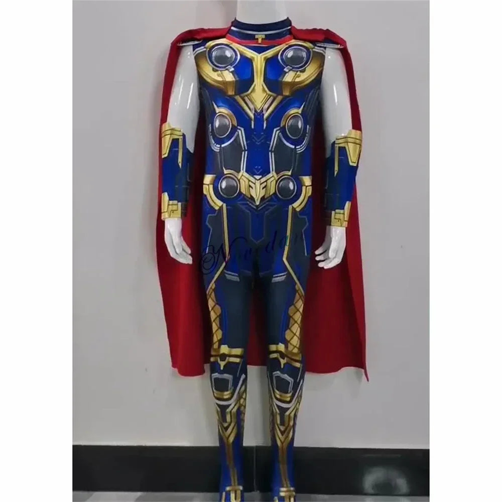 Thor: Love and Thunder Costume – Adult & Kids Fantasia Halloween Anime Superhero Jumpsuit with Cape for Birthday & Party