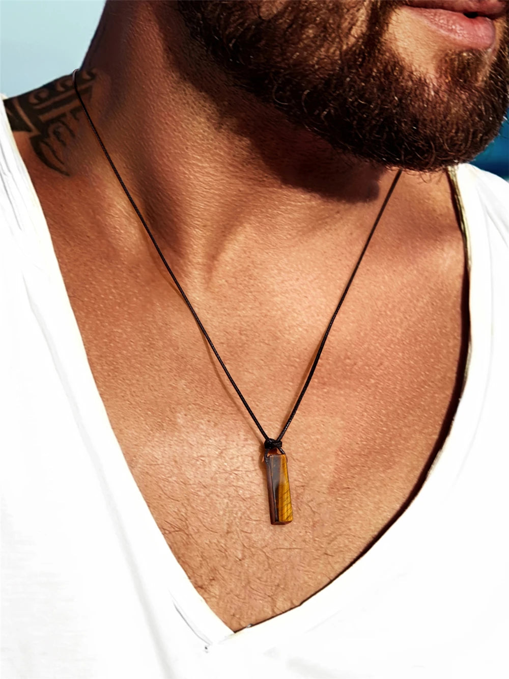 Men's Vintage Rectangle Obsidian Pendant Necklace – Natural Tiger Eye & Labradorite Gem, Leather Rope Braid Healing Jewelry