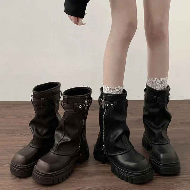 Women’s Winter Biker Boots – Fashion Belt Buckle Platform Short Booties, Casual Knight-Style Flats