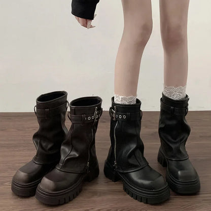 Women’s Winter Biker Boots – Fashion Belt Buckle Platform Short Booties, Casual Knight-Style Flats