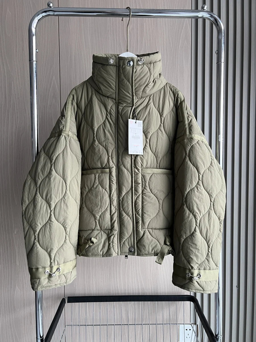 2024 ETJ Quilted Women's Coat – Beige Drawstring High Neck Jacket with Ties & Pockets
