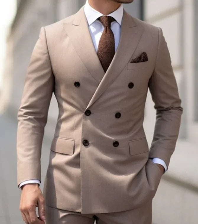 Men's Brown Double Breasted Suit - Slim Fit Peaked Lapel Formal Blazer & Trousers Set For Business and Wedding Wear