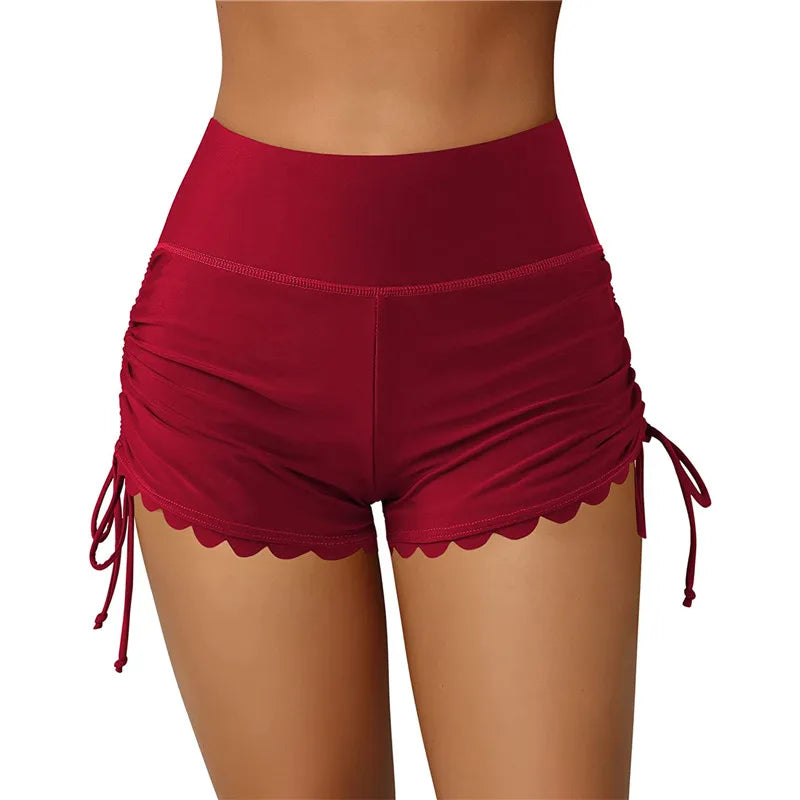 Stay Stylish by the Water with Women's High-Waist Drawstring Swim Shorts - Solid Color Summer Bathing and Surfing Bottoms for Beach-Ready Ladies