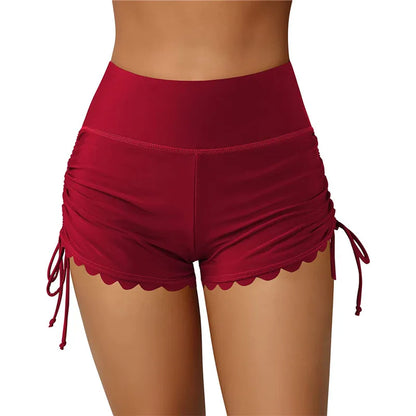 Stay Stylish by the Water with Women's High-Waist Drawstring Swim Shorts - Solid Color Summer Bathing and Surfing Bottoms for Beach-Ready Ladies