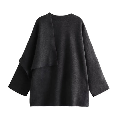 TRAF 2023 Winter Women's Scarf Coat – Long Sleeve, Knitted Asymmetric Jacket, Streetwear Casual Outerwear