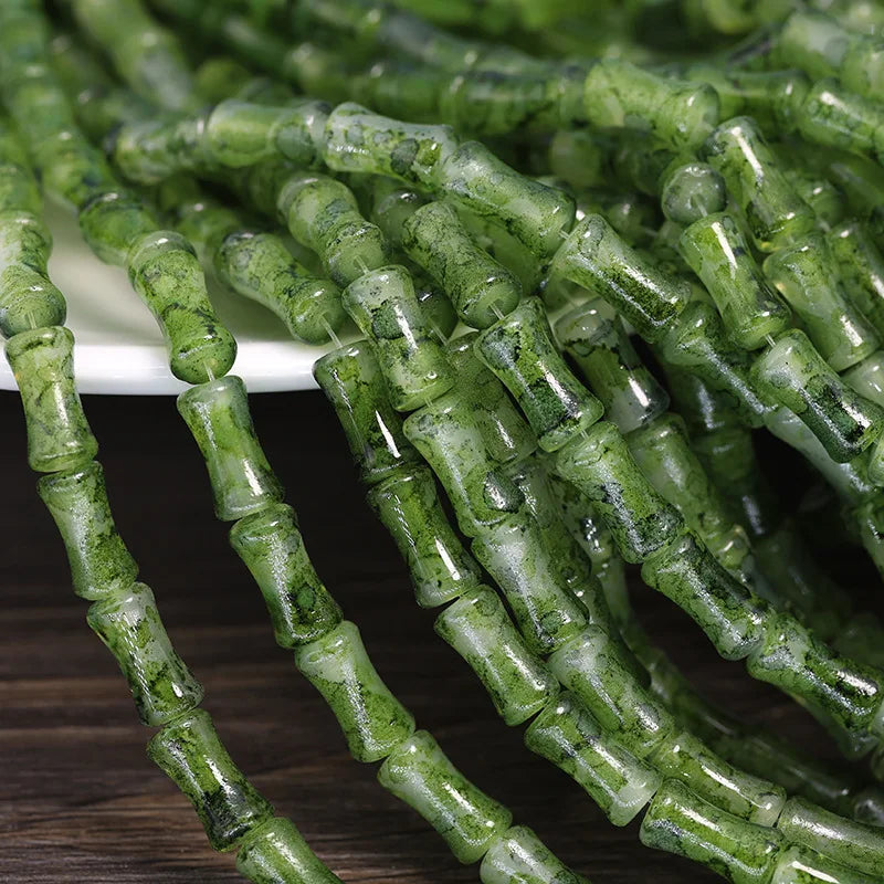 30PCS Green Glass Bamboo Beads - Jade Tube Shape Loose Beads for DIY Bracelet, Necklace & Jewelry Making Accessories