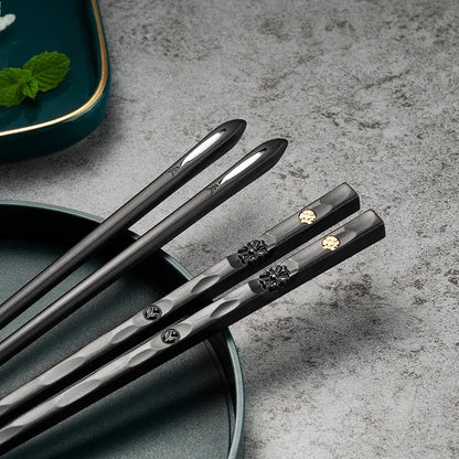 5 Pairs Japanese Reusable Chopsticks – Black Sushi Sticks for Food, Noodles, Alloy Chinese & Korean Kitchen Tableware