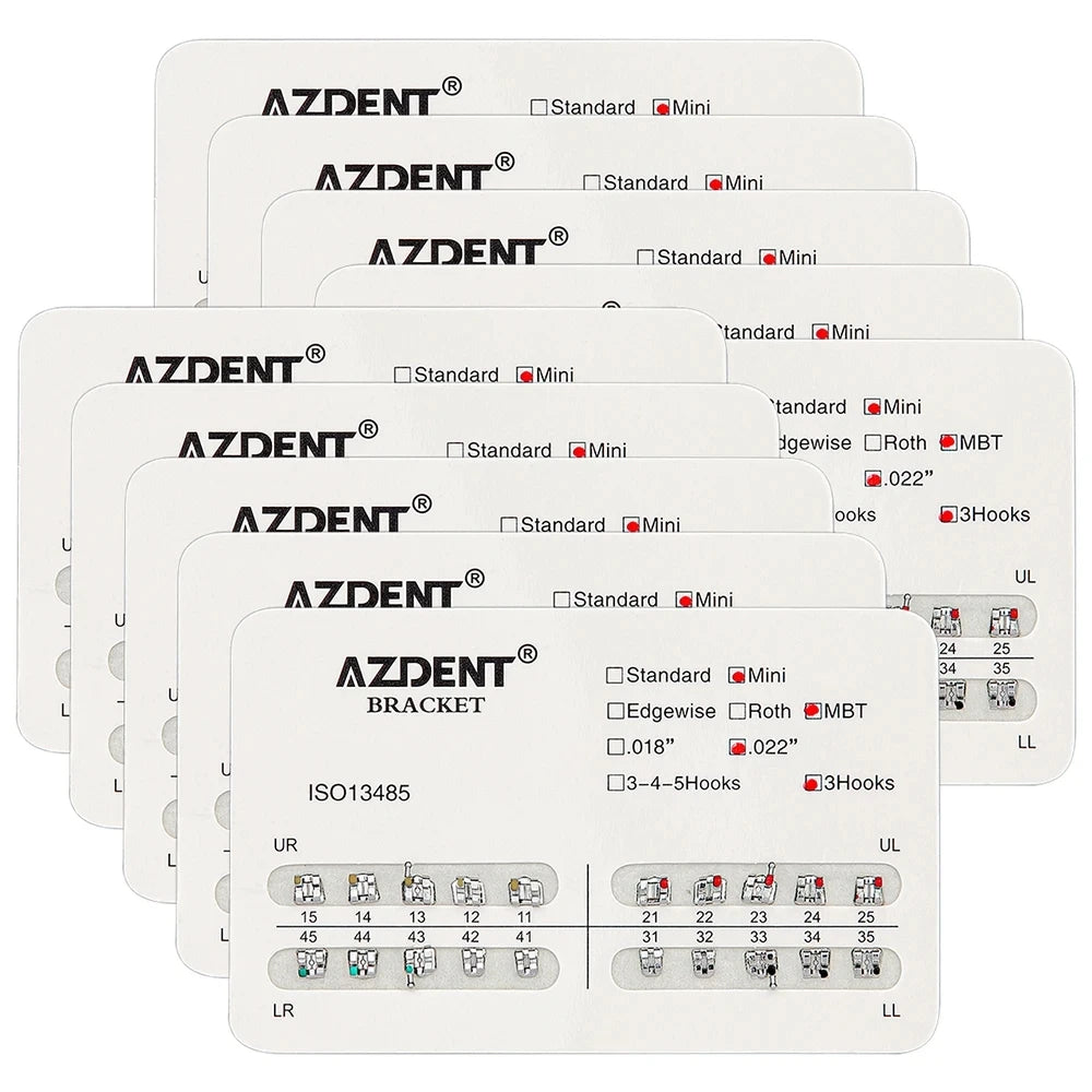 AZDENT 10 Packs Dental Brackets – Orthodontic Metal Mini Standard Roth MBT Slot 0.022/0.018 with Hooks, 20 Pcs per Pack