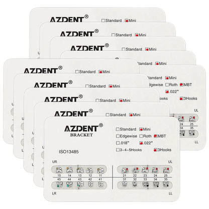 AZDENT 10 Packs Dental Brackets – Orthodontic Metal Mini Standard Roth MBT Slot 0.022/0.018 with Hooks, 20 Pcs per Pack