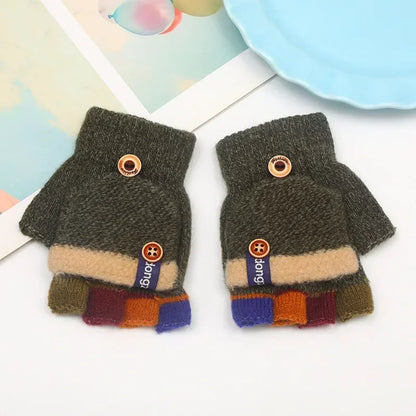 Kids’ Half-Finger Flip Gloves - Warm Jacquard Autumn Winter Gloves for Children and Students