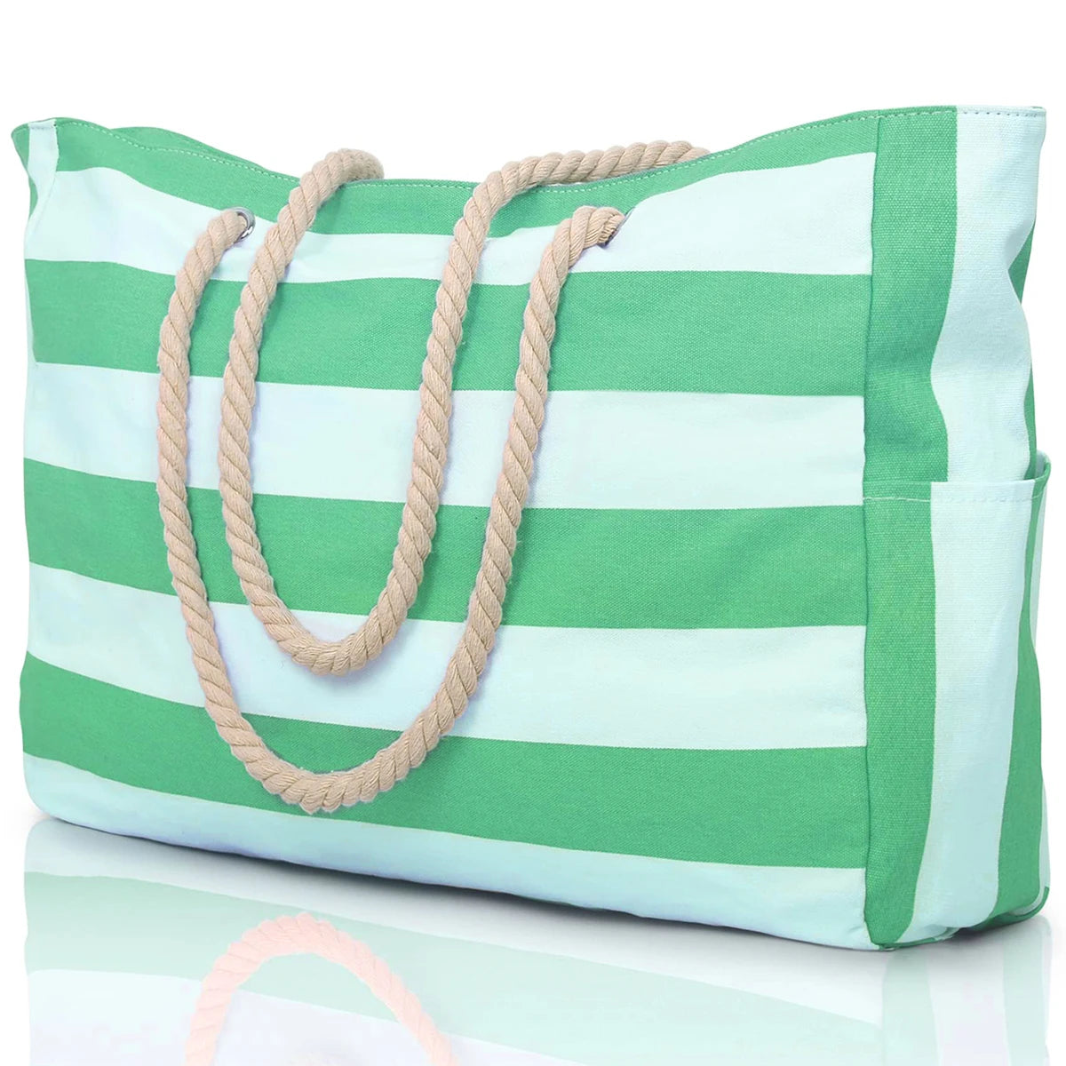 Striped Waterproof Canvas Beach Bag – Zippered Foldable Tote for Outdoor Travel and Vacation, Sand-Resistant Design